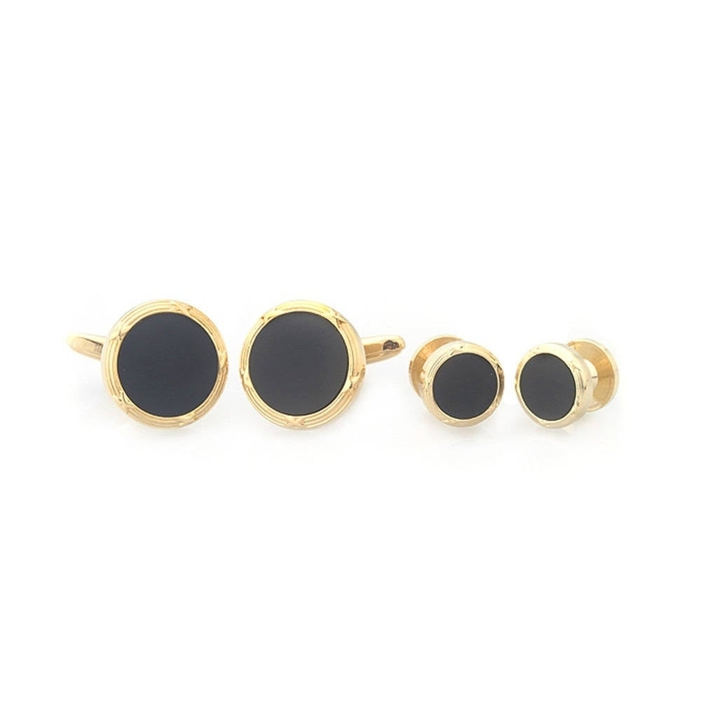 Gold Tone Black Onxy Cufflinks with Matching Shirt Studs Gold Rim with Cuff Links Shirt Studs Comes with Gift Box Image 2