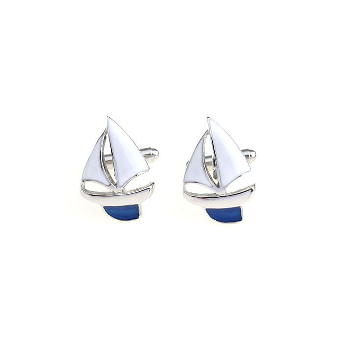 Sailboat Cufflinks Silver Tone White and Blue Enamel Sailing Boat Ocean Cuff Links Sail Seas Popular Jewelry Image 1