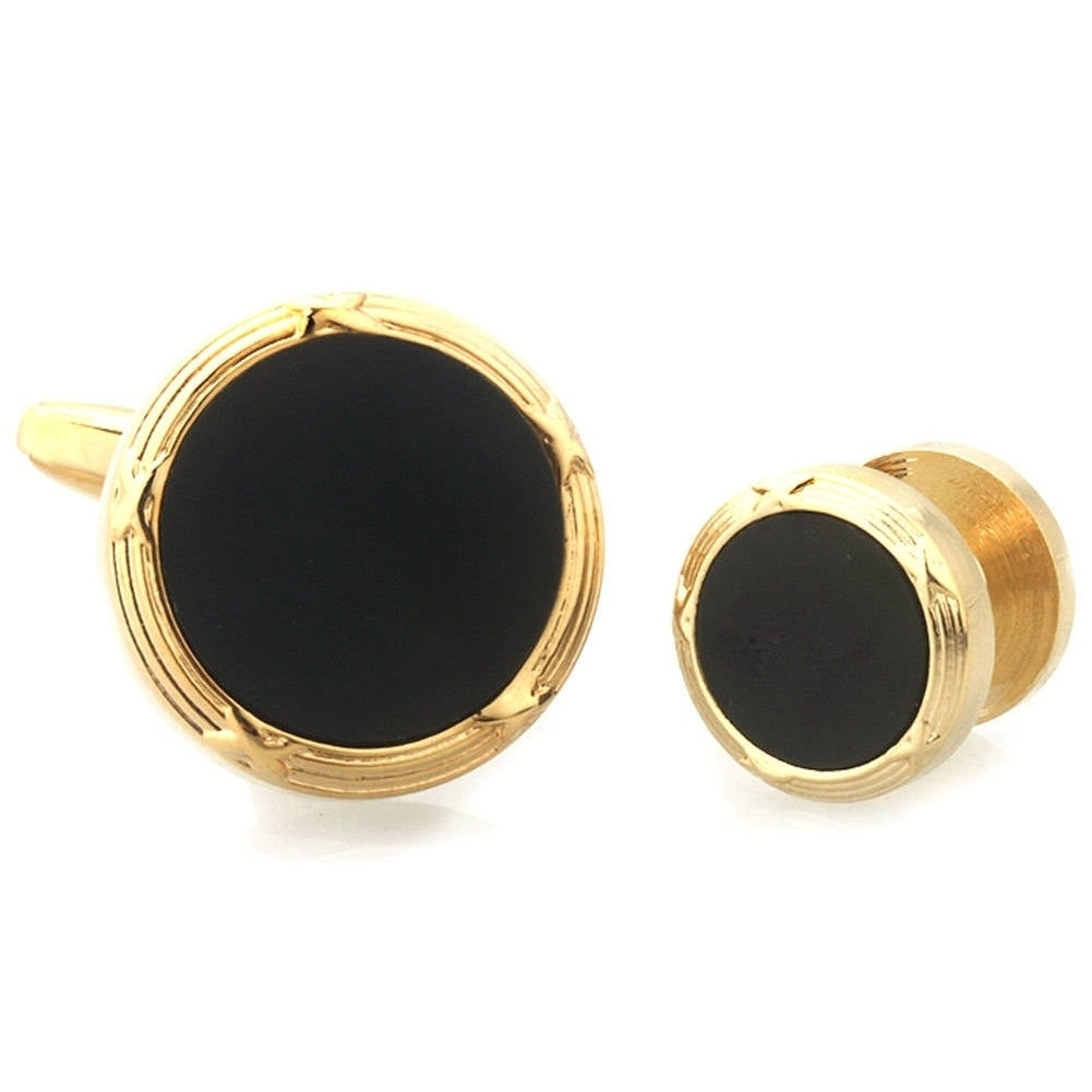 Gold Tone Black Onxy Cufflinks with Matching Shirt Studs Gold Rim with Cuff Links Shirt Studs Comes with Gift Box Image 4