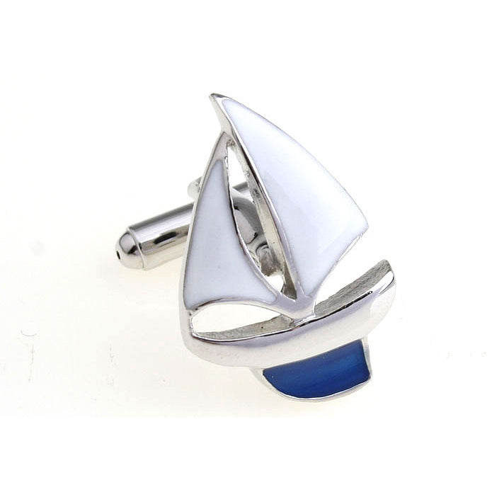 Sailboat Cufflinks Silver Tone White and Blue Enamel Sailing Boat Ocean Cuff Links Sail Seas Popular Jewelry Image 2