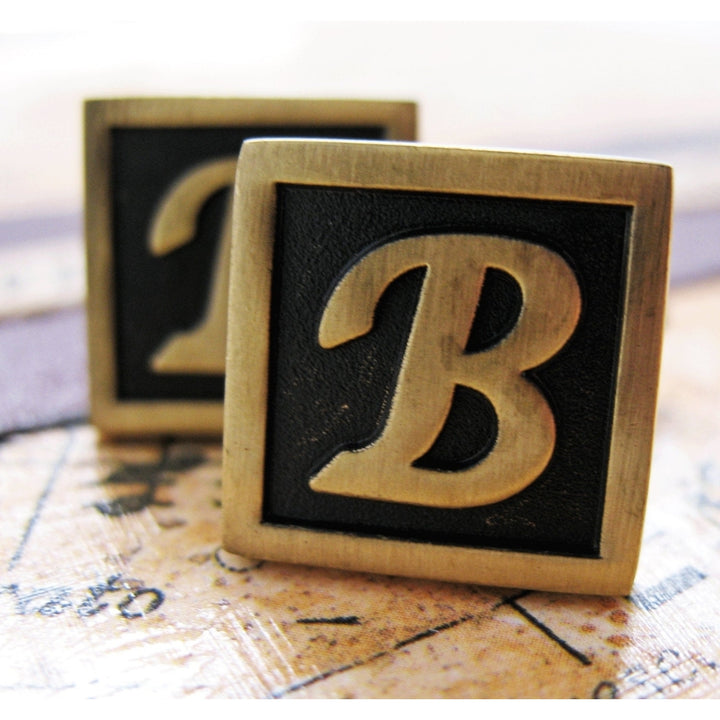 B Initial Cufflinks Antique Brass Square 3-D Letter Vintage English Lettering Cuff Links Groom Father Bride Wedding  Box Image 1