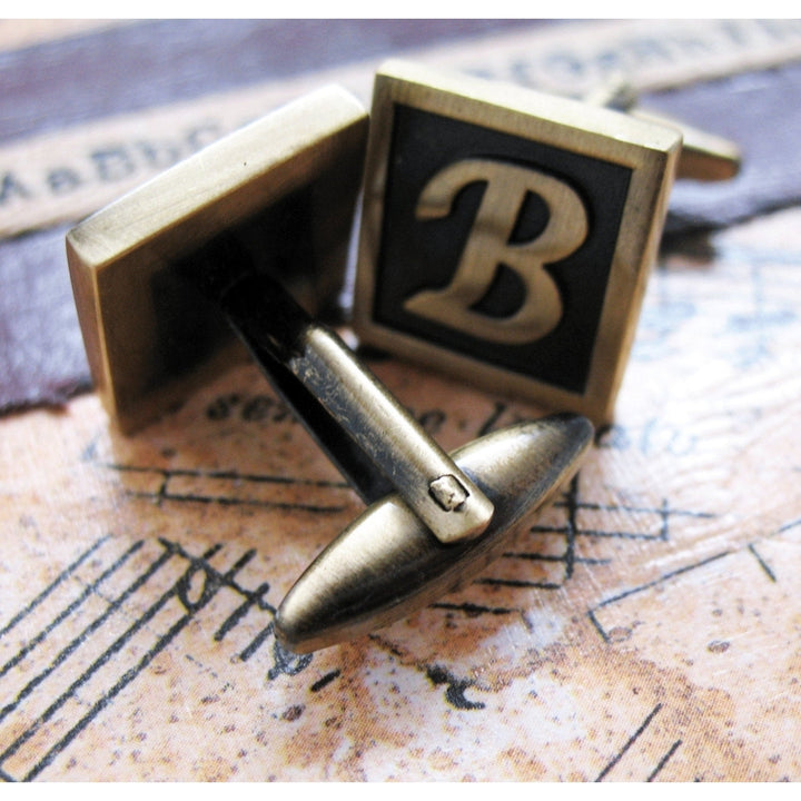 B Initial Cufflinks Antique Brass Square 3-D Letter Vintage English Lettering Cuff Links Groom Father Bride Wedding  Box Image 2