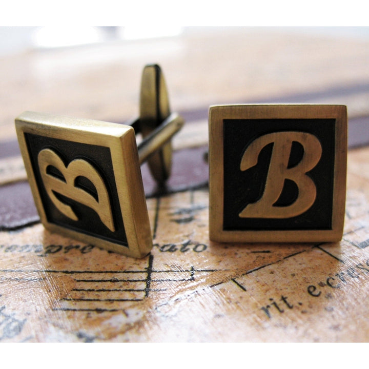 B Initial Cufflinks Antique Brass Square 3-D Letter Vintage English Lettering Cuff Links Groom Father Bride Wedding  Box Image 3