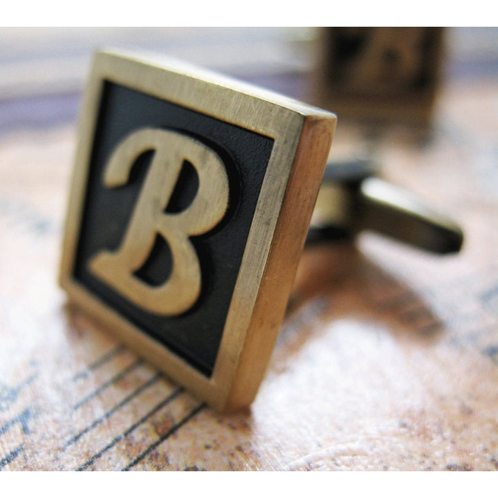 B Initial Cufflinks Antique Brass Square 3-D Letter Vintage English Lettering Cuff Links Groom Father Bride Wedding  Box Image 4