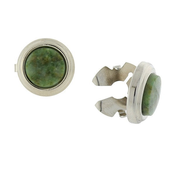 Button Cover Cufflinks Faux Cufflinks Silver Tone Framed Jade Green Stone Round  Button Covers Image 1