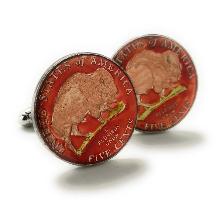 Enamel Cufflinks Hand Painted Red Edition Coin Jewelry Edition Authentic US Currency Buffalo Nickel Bison Cuff Links Image 3