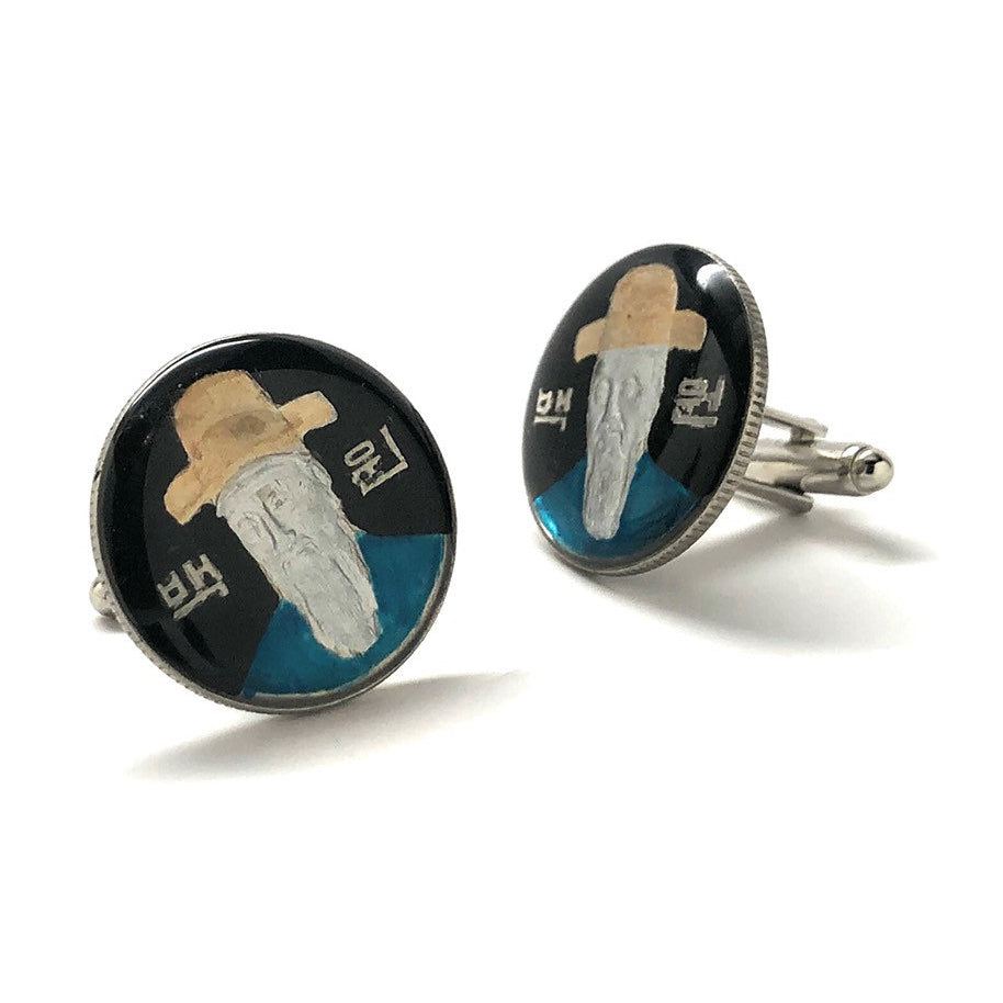 Enamel Cufflinks Hand Painted Confucius Korean Coin  Philosopher The Master Enamel Coin Jewelry Black Blue Brings Luck Image 2