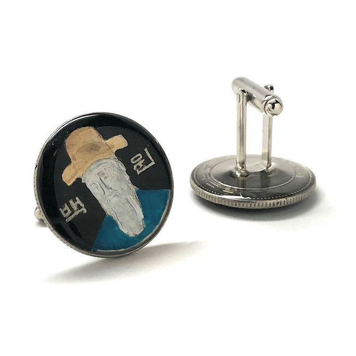 Enamel Cufflinks Hand Painted Confucius Korean Coin  Philosopher The Master Enamel Coin Jewelry Black Blue Brings Luck Image 4