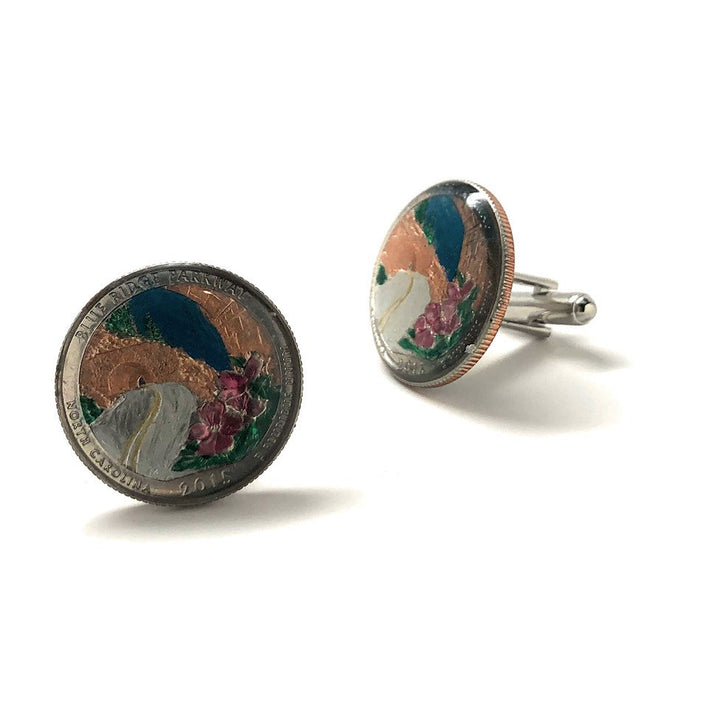 Enamel Cufflinks Hand Painted Blue Ridge Parkway Enamel Coin Jewelry Currency Finance Accountant Cuff Links Designer Image 2