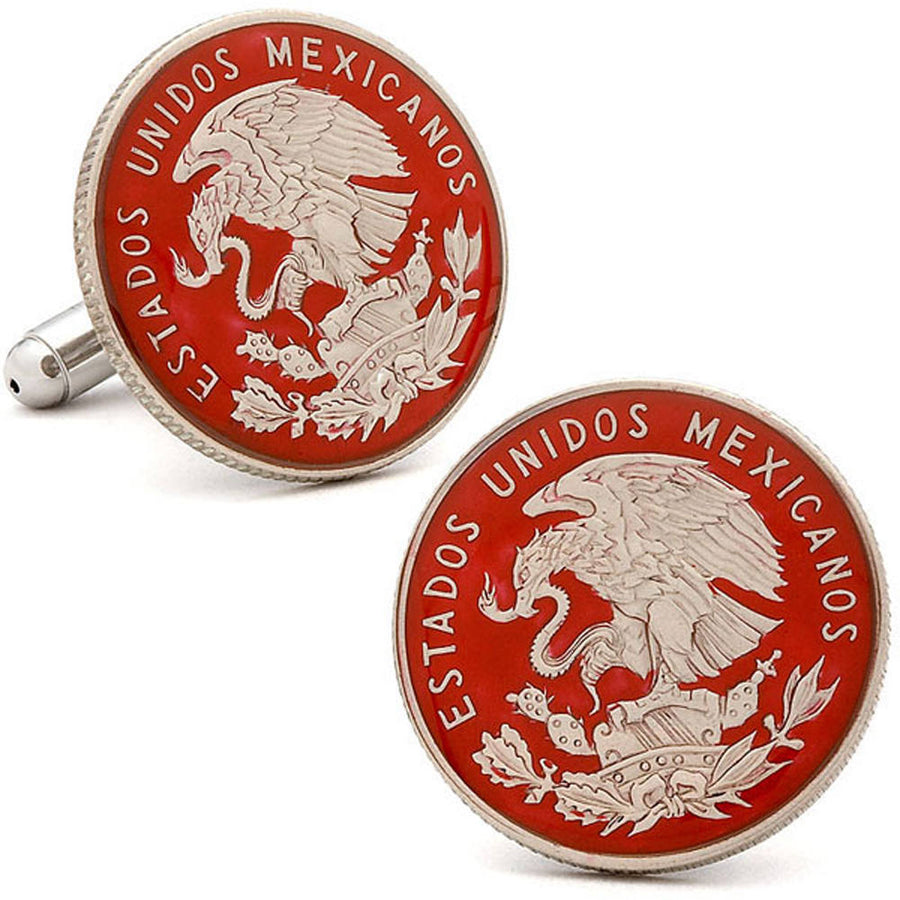 Enamel Cufflinks Hand Painted Mexico Peso Authentic Enamel Coin Jewelry Cuff Links Red Enamel Silver Tone Eagle Image 1