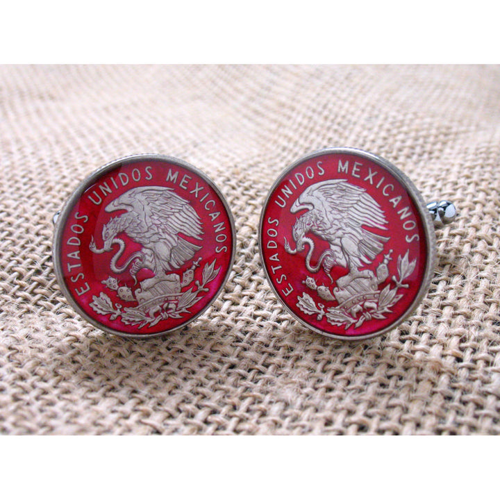 Enamel Cufflinks Hand Painted Mexico Peso Authentic Enamel Coin Jewelry Cuff Links Red Enamel Silver Tone Eagle Image 3