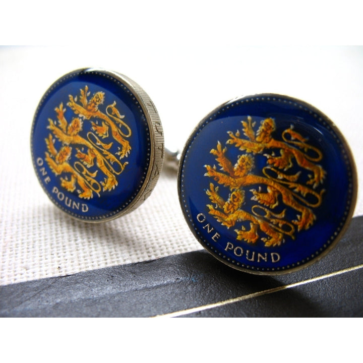 Enamel Cufflinks Lion Blue British One pound Rampant Lions Hand Painted Enamel Coin Jewelry Cuff Links Enamelled Coin Image 1
