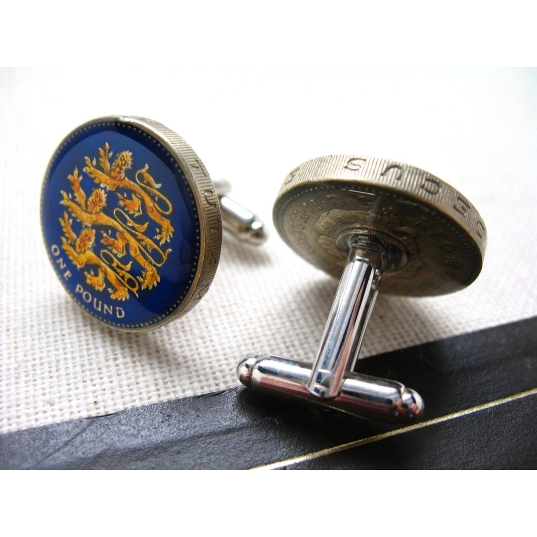 Enamel Cufflinks Lion Blue British One pound Rampant Lions Hand Painted Enamel Coin Jewelry Cuff Links Enamelled Coin Image 2
