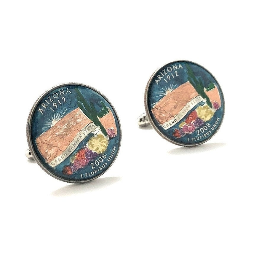 Enamel Cufflinks Hand Painted Arizona State Quarter Cactus Enamel Coin Jewelry Money Currency Finance Accountant Cuff Image 1