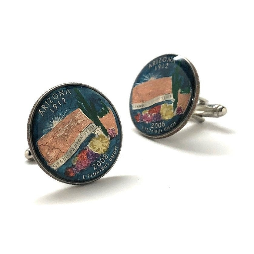Enamel Cufflinks Hand Painted Arizona State Quarter Cactus Enamel Coin Jewelry Money Currency Finance Accountant Cuff Image 2