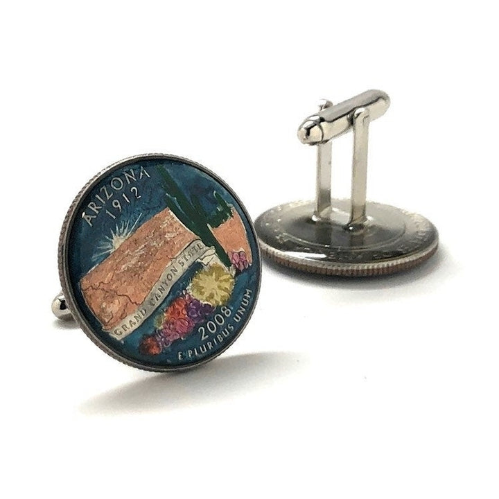 Enamel Cufflinks Hand Painted Arizona State Quarter Cactus Enamel Coin Jewelry Money Currency Finance Accountant Cuff Image 4