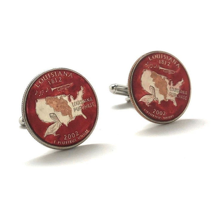 Enamel Cufflinks Hand Painted Louisiana State Quarter Red Enamel Coin Jewelry Money Currency Finance Accountant Cuff Image 1