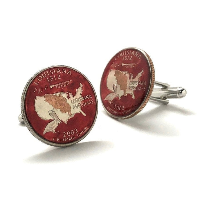 Enamel Cufflinks Hand Painted Louisiana State Quarter Red Enamel Coin Jewelry Money Currency Finance Accountant Cuff Image 2