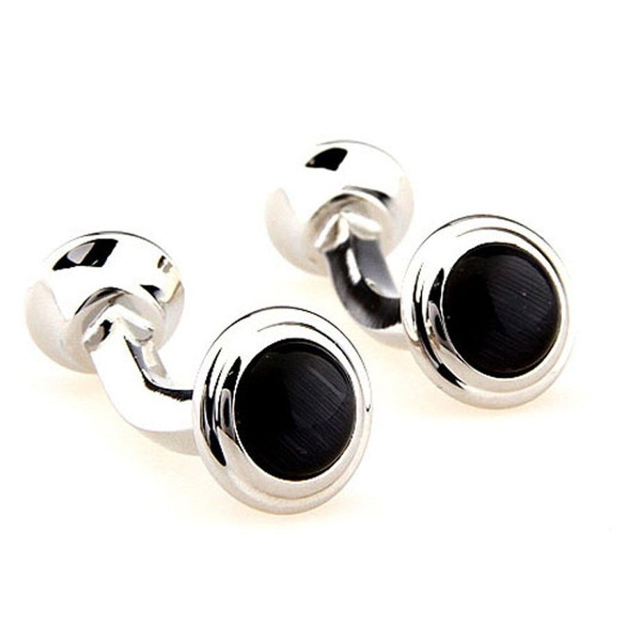 Silver Domed Black Onyx Straight Post Double Ended Cufflinks Cuff Links Image 1