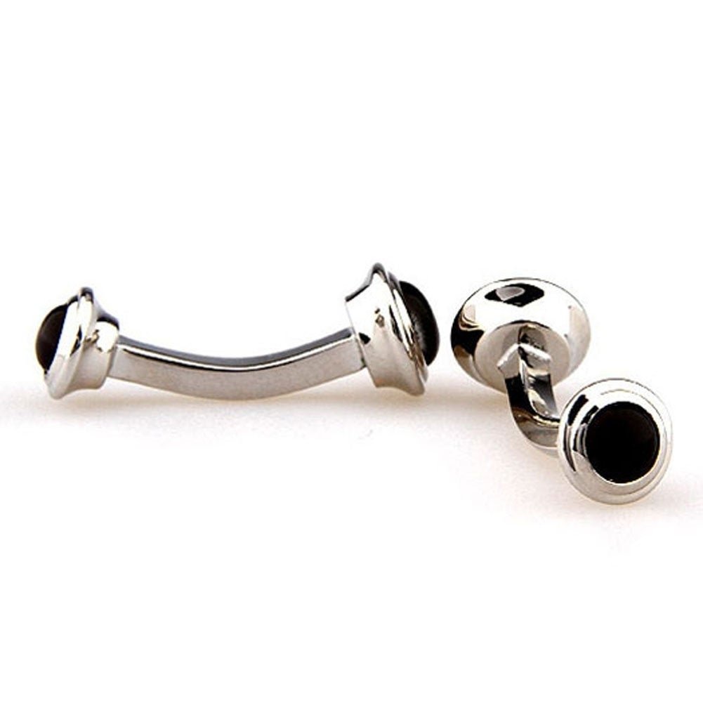 Silver Domed Black Onyx Straight Post Double Ended Cufflinks Cuff Links Image 2