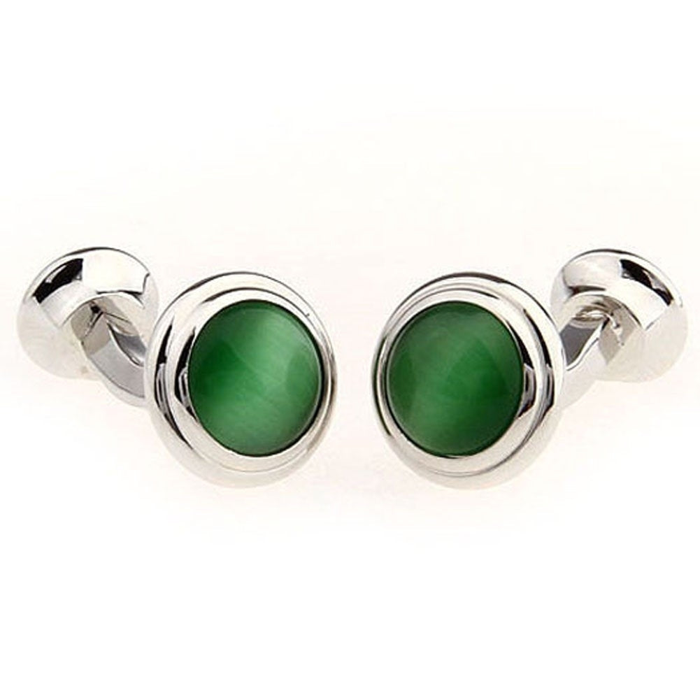 Silver Straight Post Emerald Green Cats Eye Stone Double Ended Cufflinks Cuff Links Image 3
