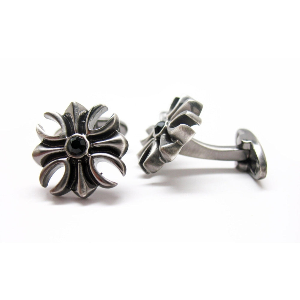 Cufflinks Handcrafted Pewter Iron Cross with Black Crystal Cufflinks cuff Links Image 2