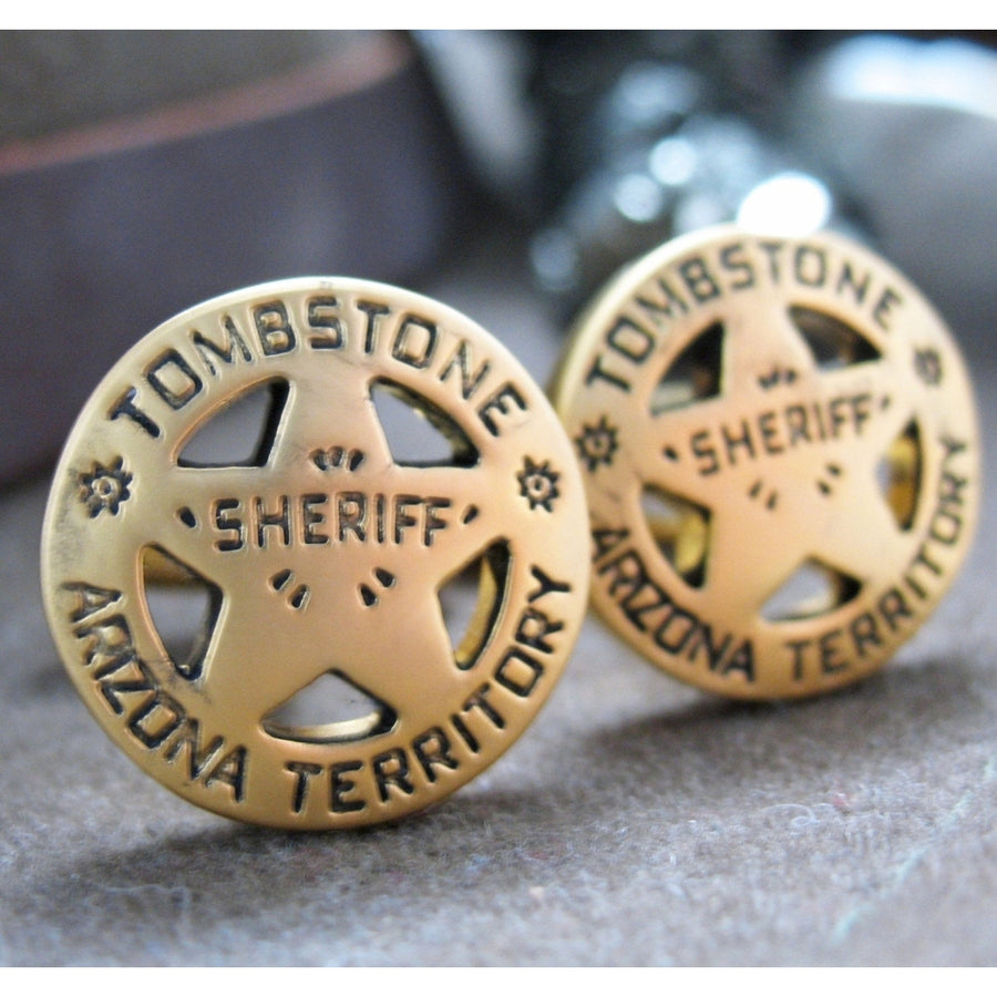 Tombstone Arizona Cufflinks Old West Gold Tone Territory Sheriff Lone Star Badge Cuff Links Image 1
