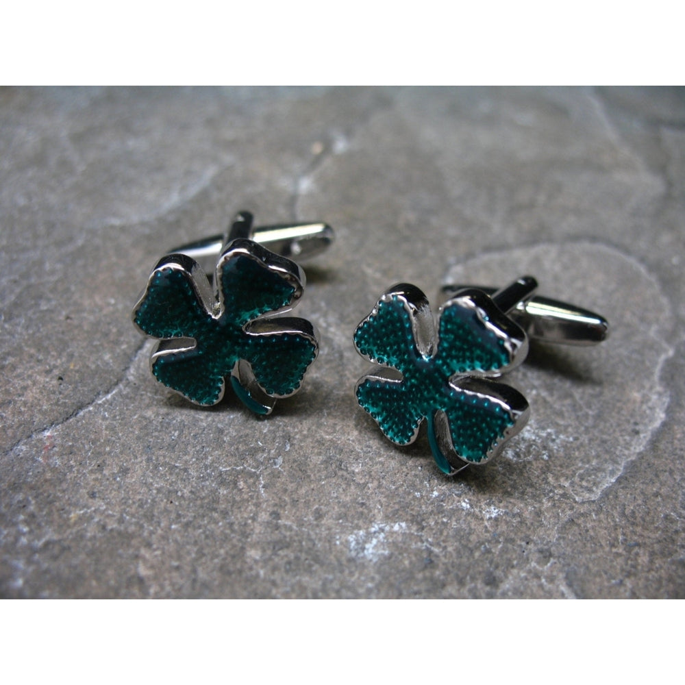 Lucky Cufflinks Green St. Patricks Four Leaf Clover Cuff Links Ireland Irish Brings Awesome Luck to Wearer Comes with Image 2