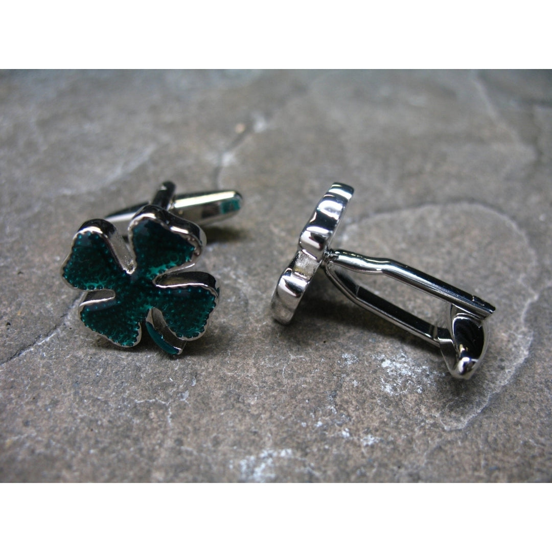 Lucky Cufflinks Green St. Patricks Four Leaf Clover Cuff Links Ireland Irish Brings Awesome Luck to Wearer Comes with Image 4