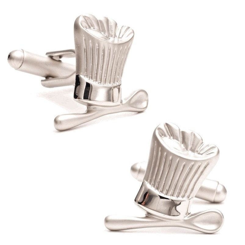 Chefs Hat and Spoon Cufflinks Bakers Burshed Cook Kitchen Silver Tone  Cuff Links Image 1