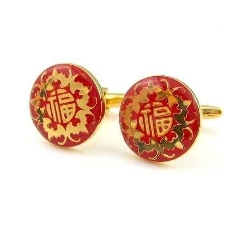 Chinese Happiness Cufflinks Red Enamel Gold Tone  Cuff Links Good Luck Charms Happiness Symbol Gifts for Him Image 1