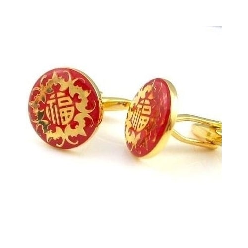 Chinese Happiness Cufflinks Red Enamel Gold Tone  Cuff Links Good Luck Charms Happiness Symbol Gifts for Him Image 2