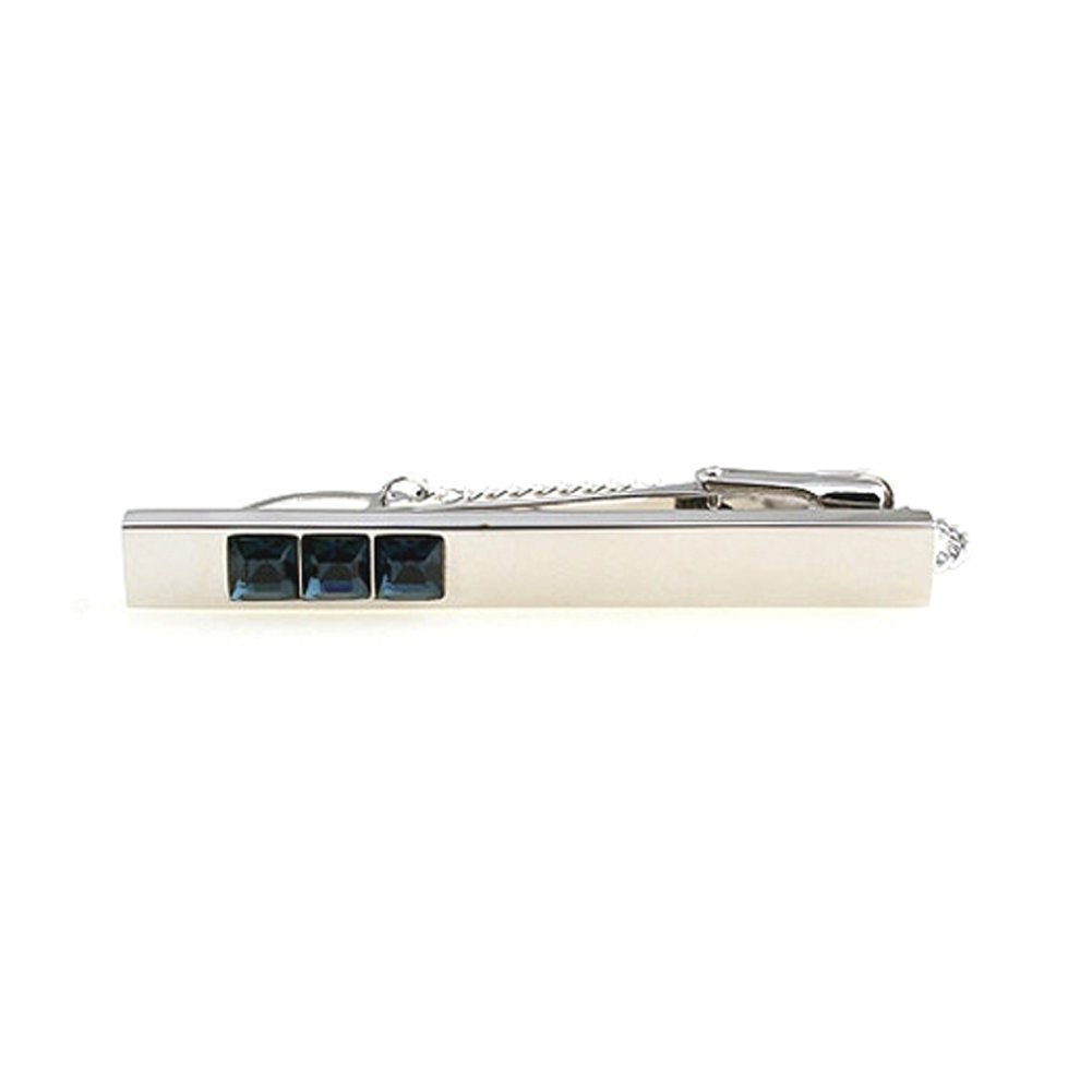 Gleaming Silver with Ocean Blue Trio Crystal Inset Tie Clip Button Chain Tie Bar Silver Tone Very Cool Comes with Gift Image 1