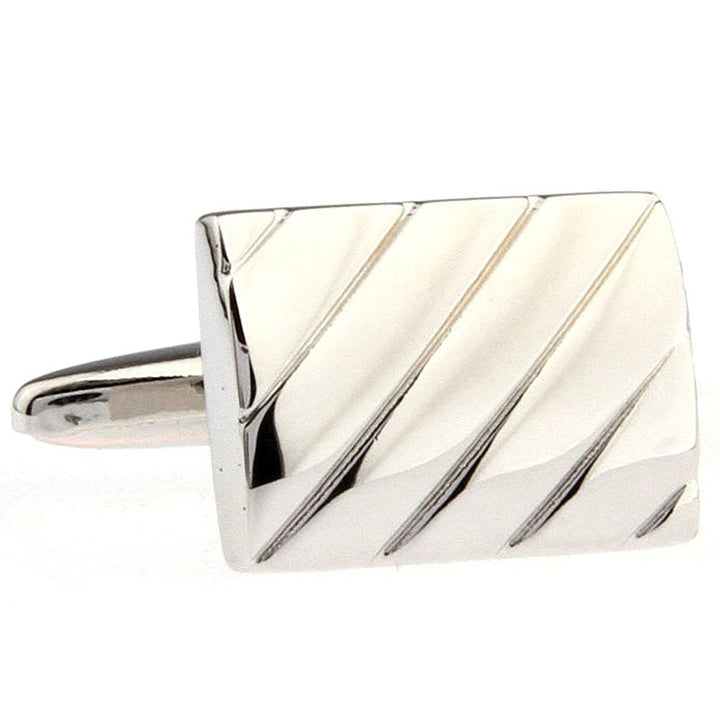 Mens Executive Cufflinks Classic Shiny Silver Repp Diagonal Stripe Rectangle Cuff Links Image 1