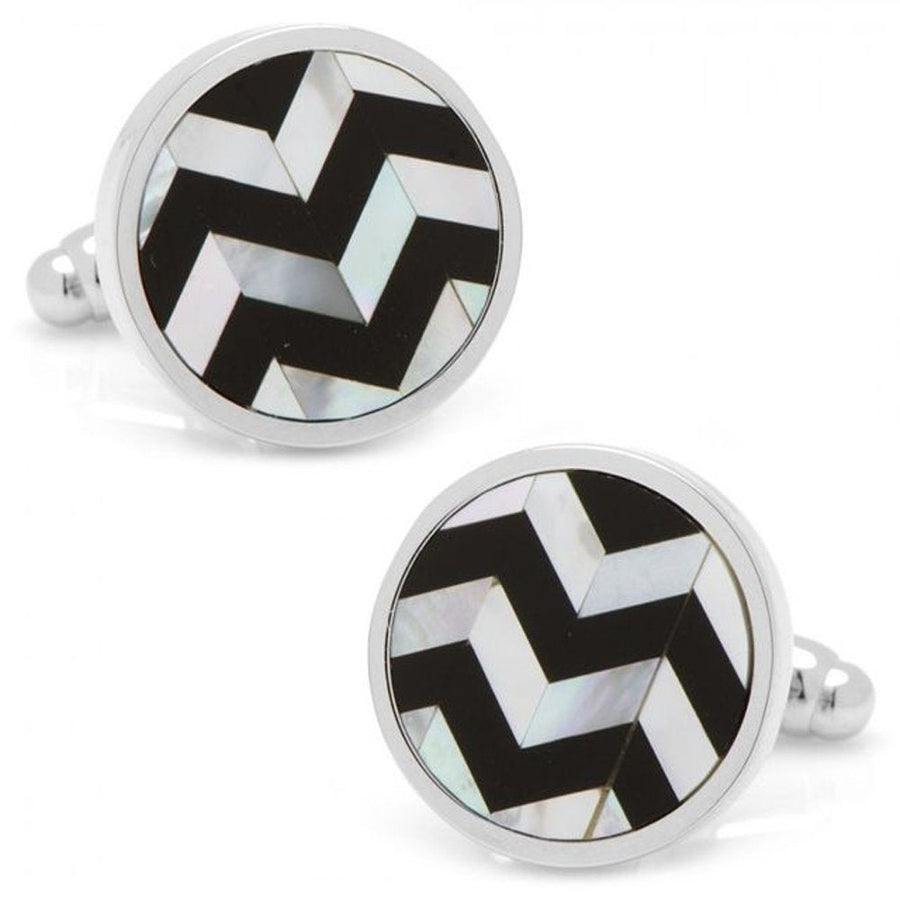 Mother of Pearl and Onyx Cufflinks Chevron Stripe MOP and Black Onyx Formal One of  Kind Cuff Links Image 1
