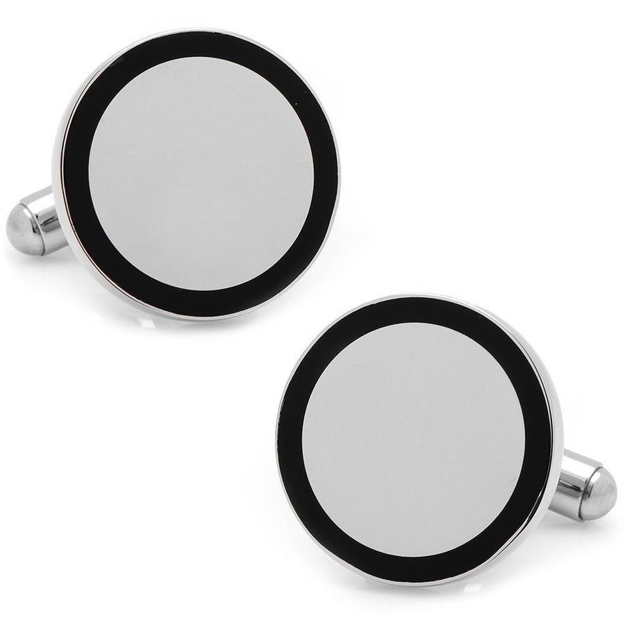 Stainless Steel Round Engravable Framed with Onyx Cufflinks Mens Executive Cuff Links Image 1