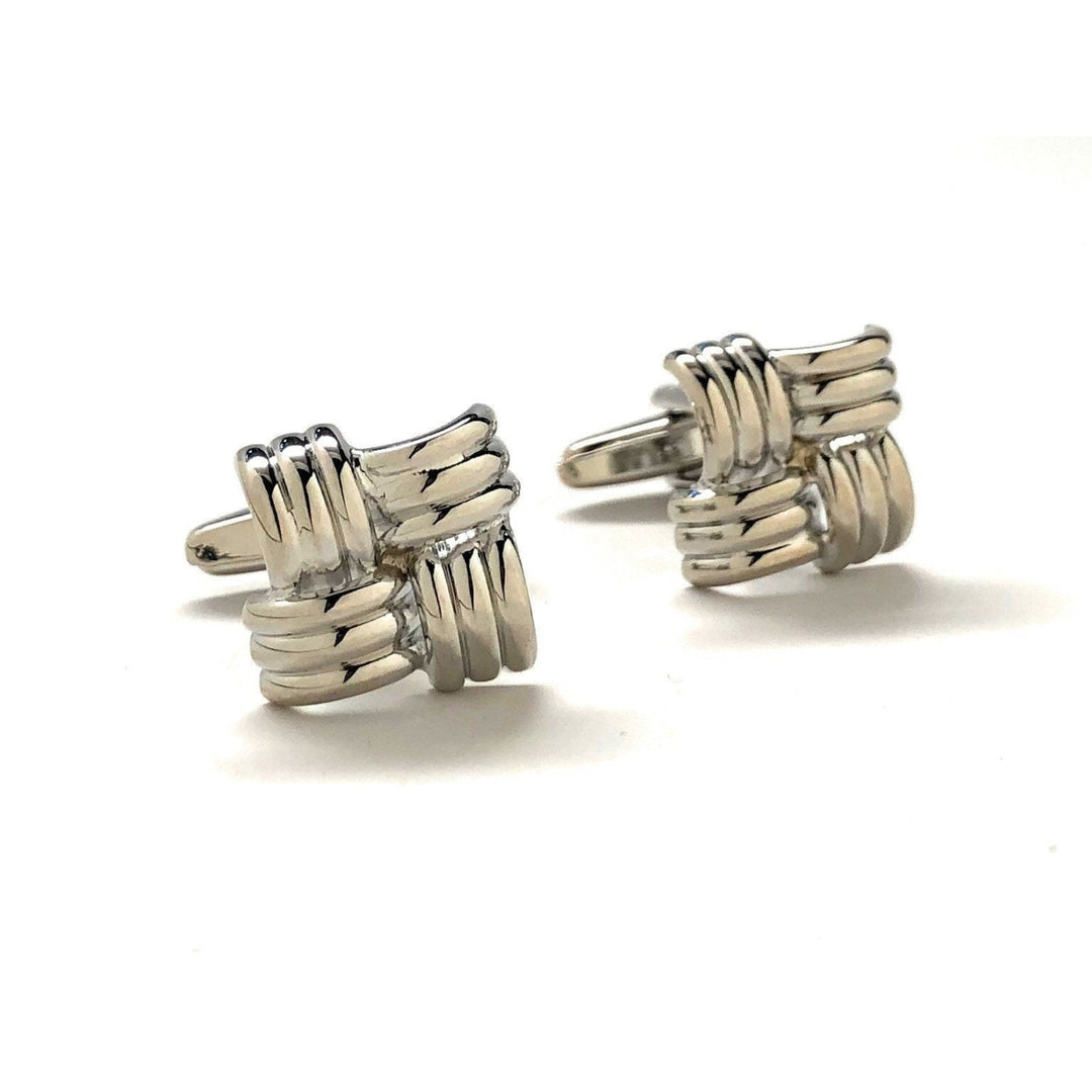 Silver Bands Weave Cufflinks Shiny Silver Tone Raised Detail Cuff Links Comes with Gift Box Image 1