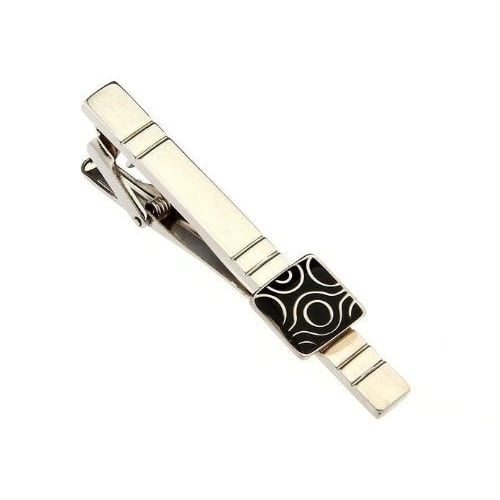 Silver Black Enamel TIe Bar Etched Repeating Groove with Tribal Design Men Tie Clip Very Cool Comes with Gift Box Image 1