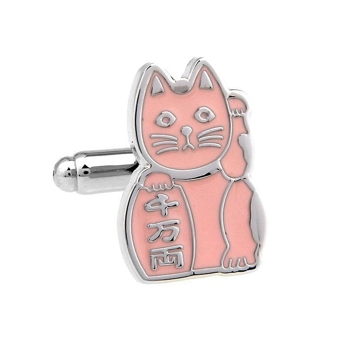 Pink Maneki-neko Japanese Lucky Cat Bring Good Luck to Owner Cufflinks Image 2