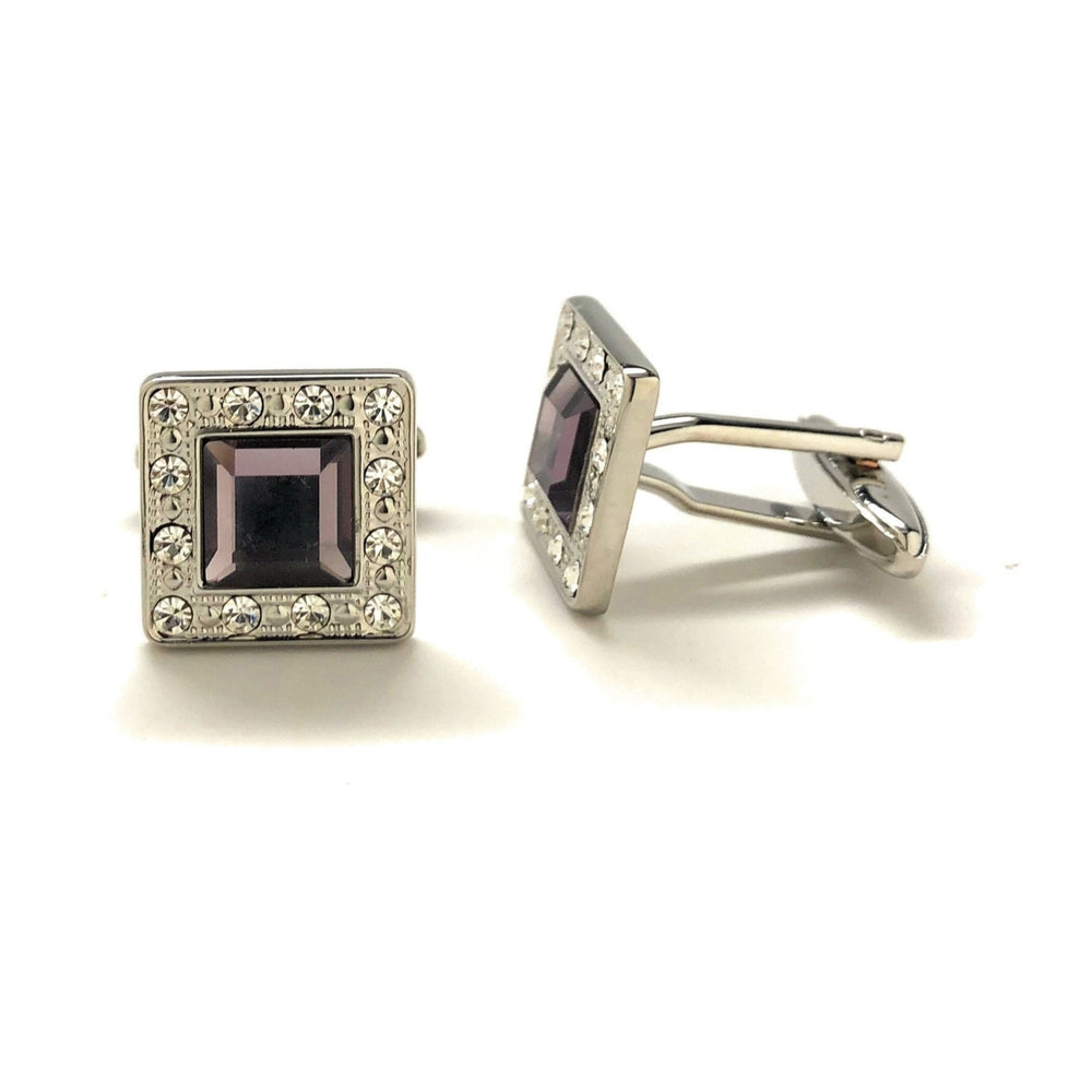 Mens Cufflinks Purple Agate Cut Design Silver Tone Band with Sea Of Clear Crystals Border Cuff Links Comes with Gift Box Image 2