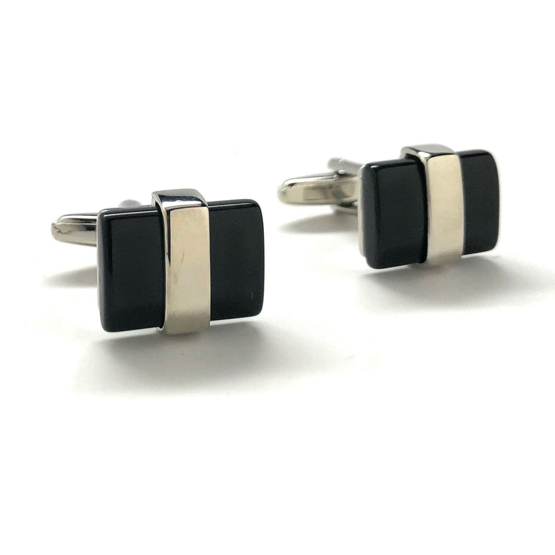 Mens Cufflinks Silver Tone Band Holding Black Agate Cuff Links Comes with Gift Box Image 1