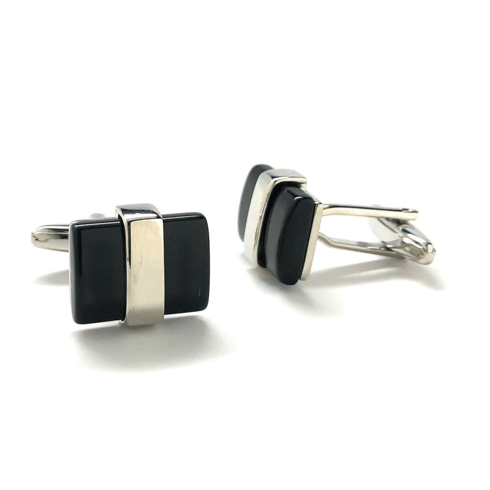 Mens Cufflinks Silver Tone Band Holding Black Agate Cuff Links Comes with Gift Box Image 2