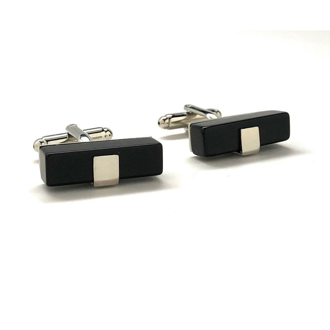 Mens Cufflinks Black Thick Slab Band Onyx with Silver Band Cuff Links Comes with Gift Box Image 1