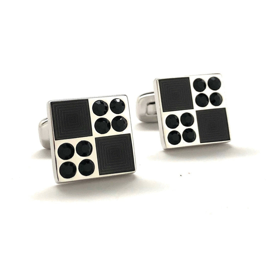 Mens Cufflinks Black Crystals Checkered Design Square Pattern Design Silver Tone Border Cuff Links Whale Tail Backing Image 1