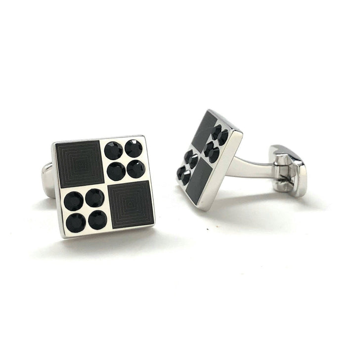 Mens Cufflinks Black Crystals Checkered Design Square Pattern Design Silver Tone Border Cuff Links Whale Tail Backing Image 2