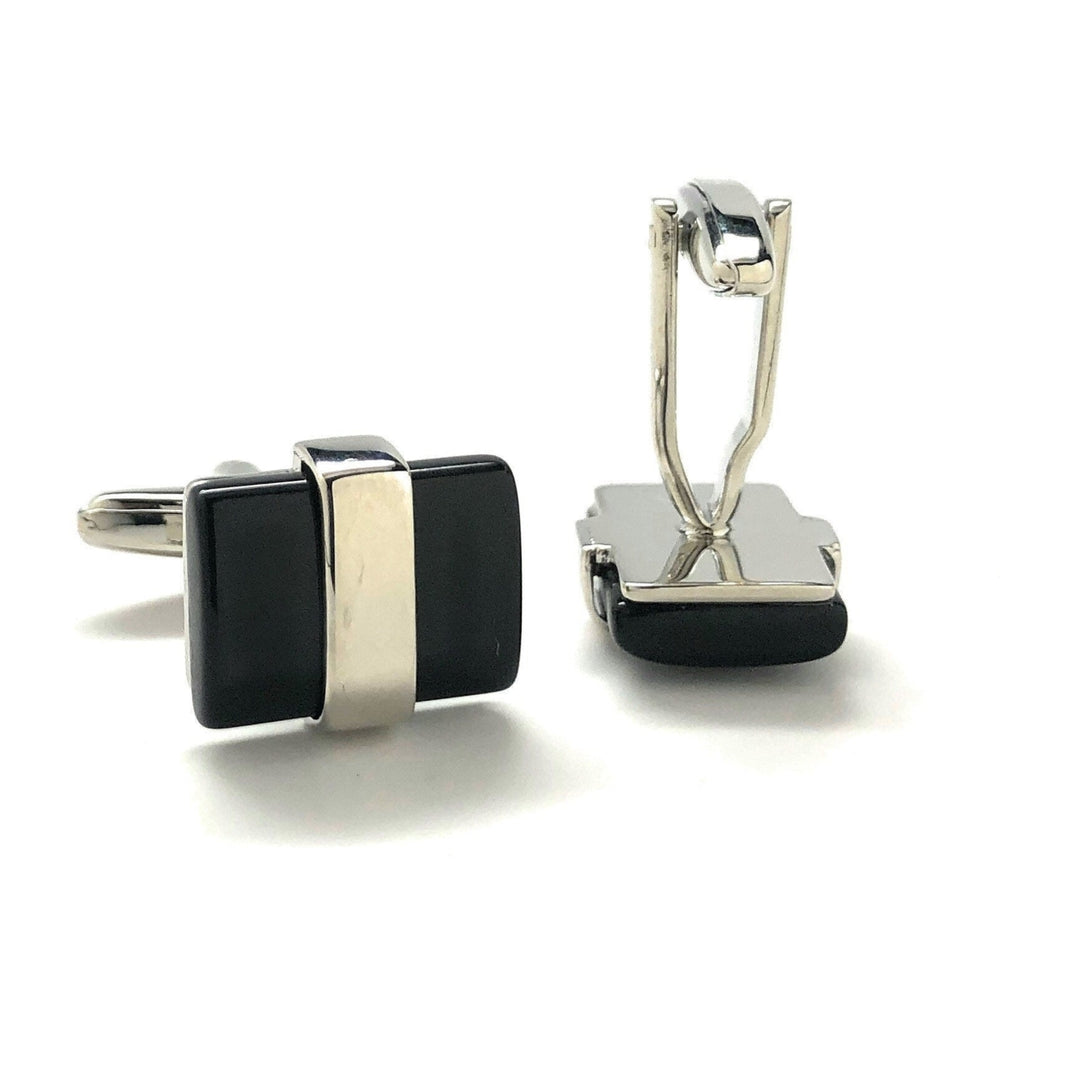 Mens Cufflinks Silver Tone Band Holding Black Agate Cuff Links Comes with Gift Box Image 3