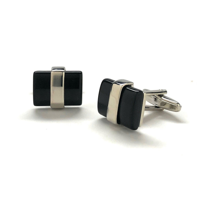 Mens Cufflinks Silver Tone Band Holding Black Agate Cuff Links Comes with Gift Box Image 4