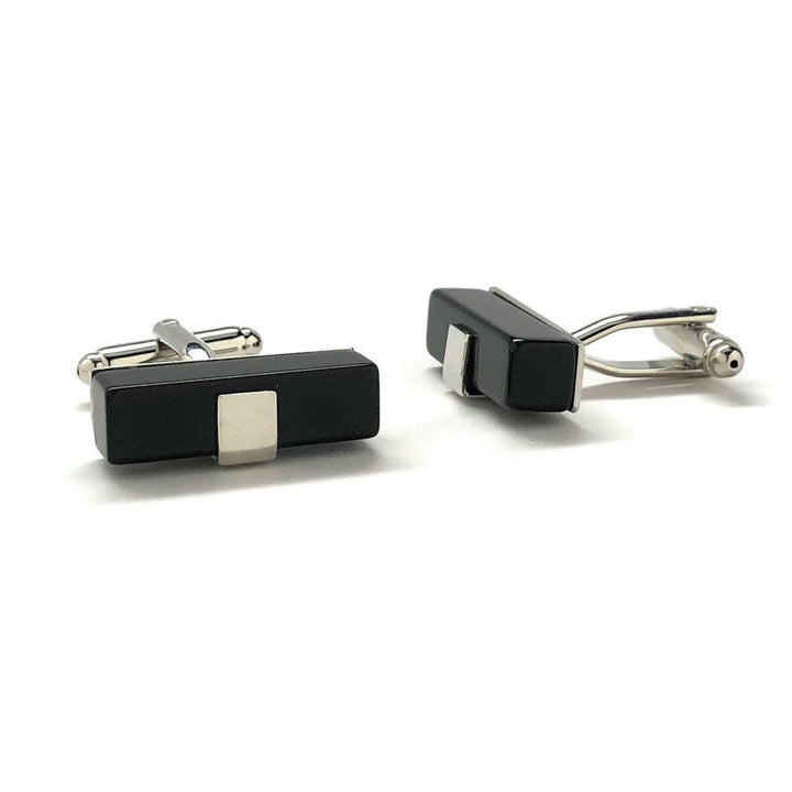 Mens Cufflinks Black Thick Slab Band Onyx with Silver Band Cuff Links Comes with Gift Box Image 2