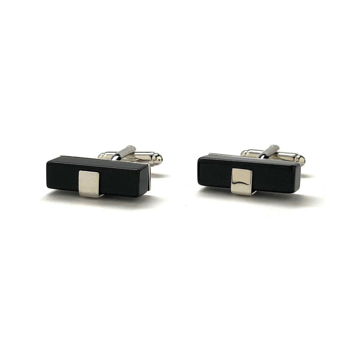 Mens Cufflinks Black Thick Slab Band Onyx with Silver Band Cuff Links Comes with Gift Box Image 4