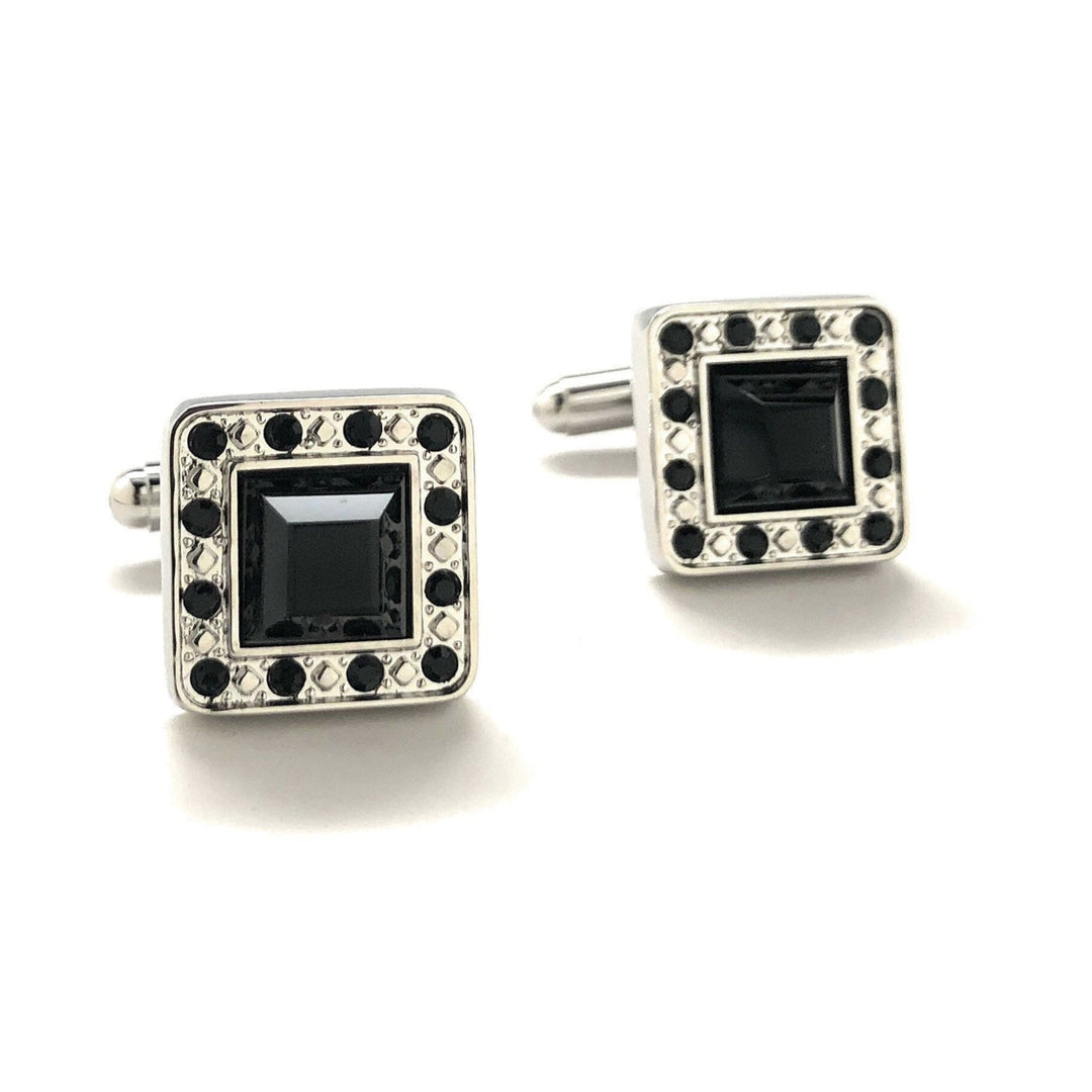 Mens Cufflinks Black Agate Cut Design Silver Tone Band with Sea Of Black Crystals Border Cuff Links Comes with Gift Box Image 1